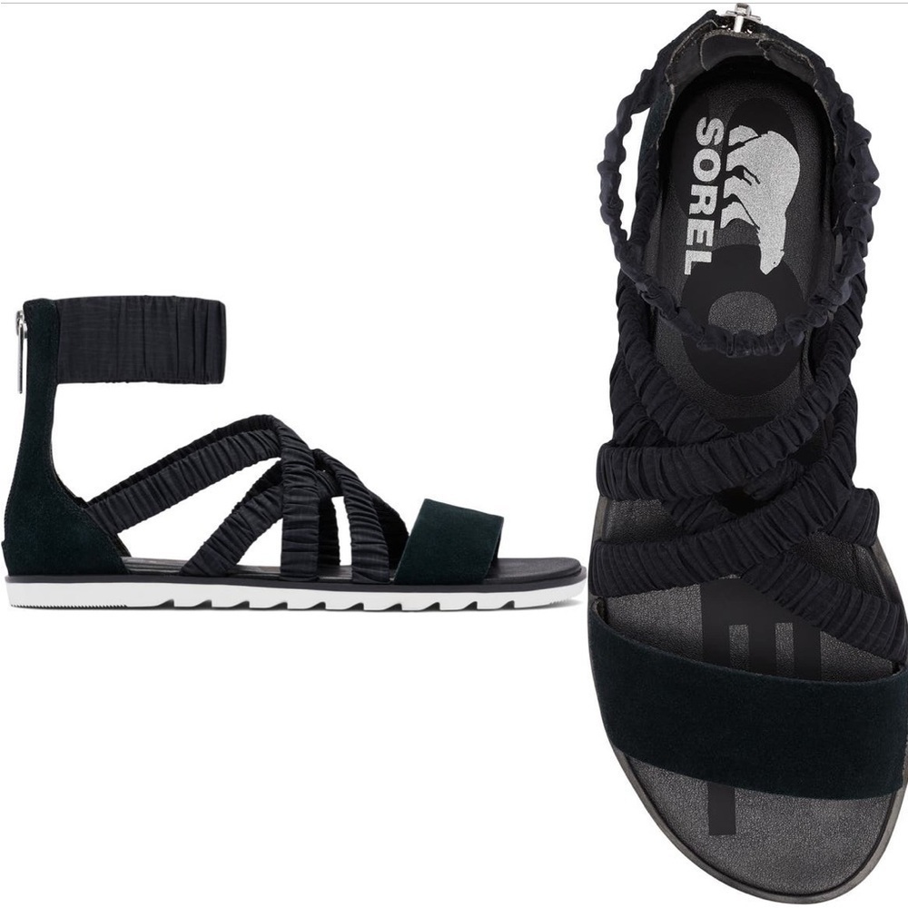 Sorel Sandals Ella II Black Ankle Strap Flats